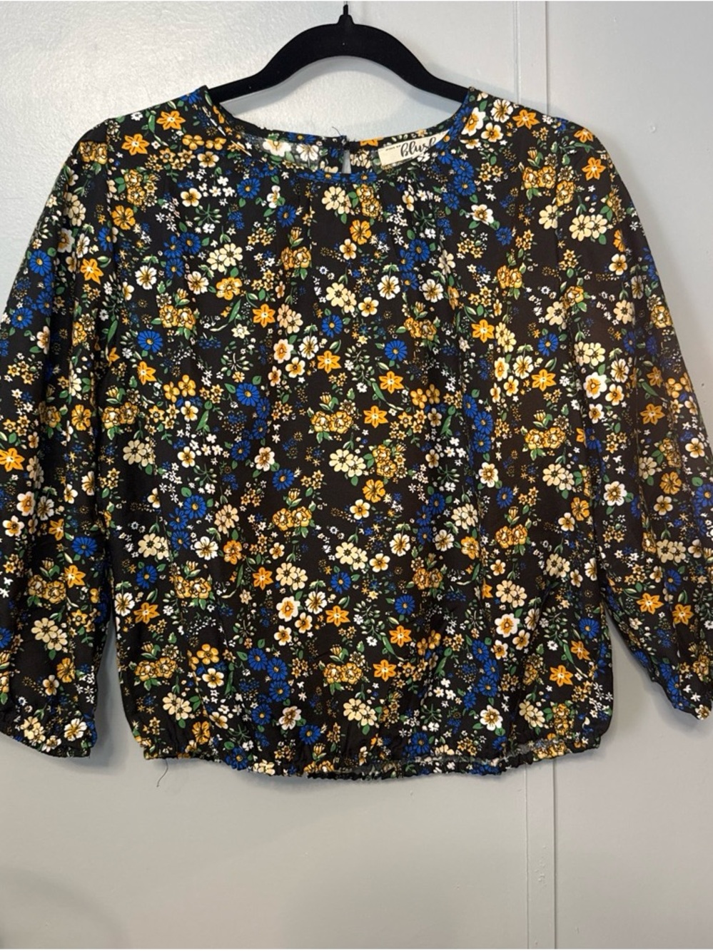 Floral Print Blouse in Black with Blue & Yellow Flowers